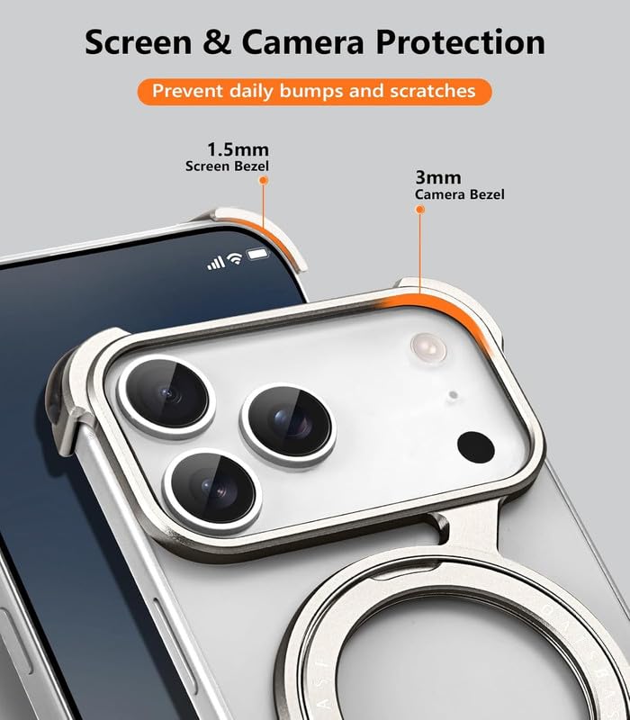 Image of Z Shaped Frameless Metal Bumper Compatible with iPhone 17 Pro with 360 Rotate Ring Kickstand | Luxury Aluminum Armor Case | Super Slim Metal - Silver