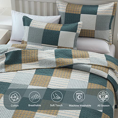 Finlonte Quilts Queen Size Sets, 100% Cotton Lightweight Queen Quilt Set, Green Tan White Plaid Patchwork Quilted Bedspread, Reversible Soft Queen Size Quilt Bedding Set All Season, 3-Pieces #TOP3