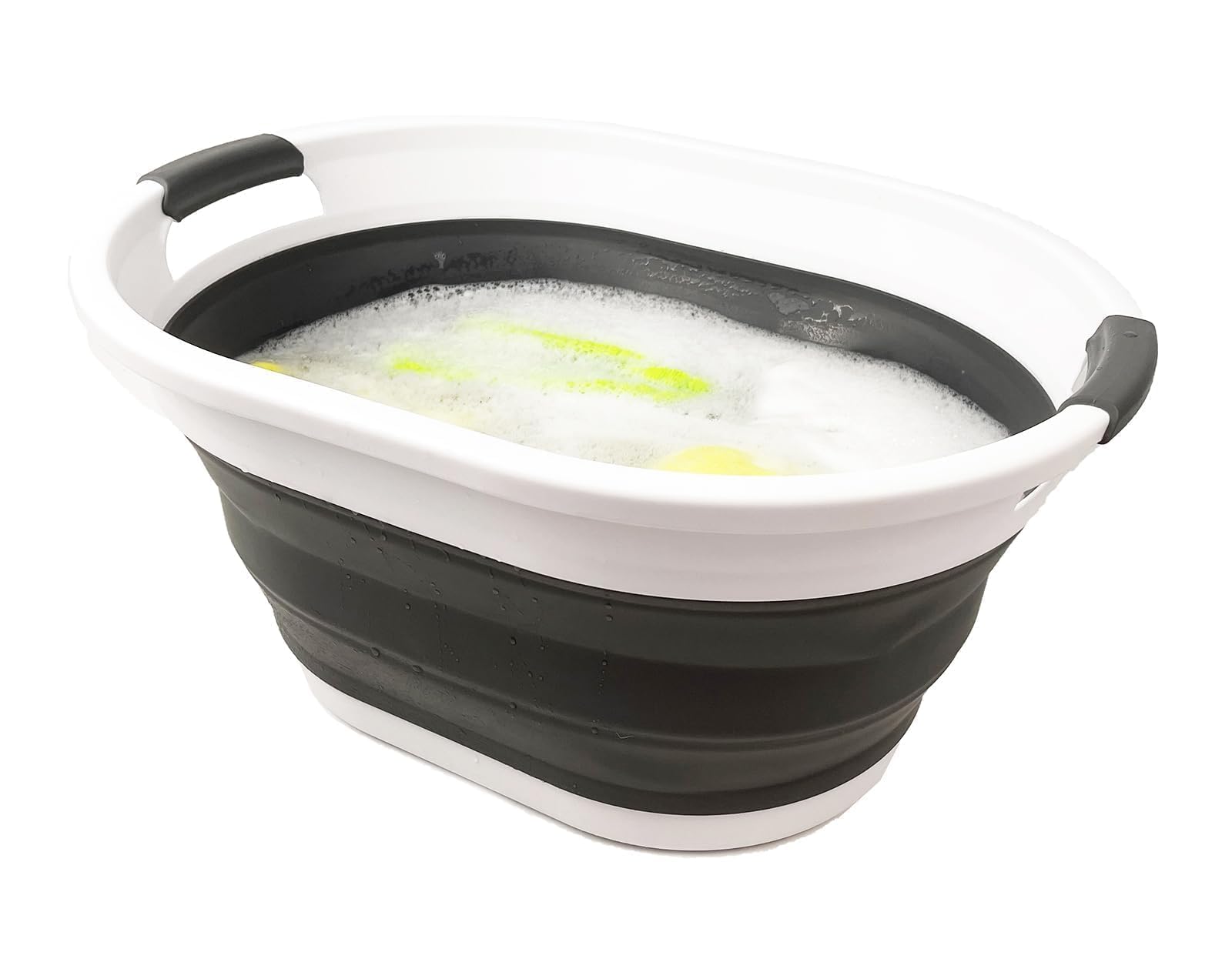 Cesta de lavandería ovalada de plástico plegable – Contenedor/organizador plegable – Tina de lavado portátil – Cesta de ahorro de espacio (blanco/gris acero, 32L) 5
