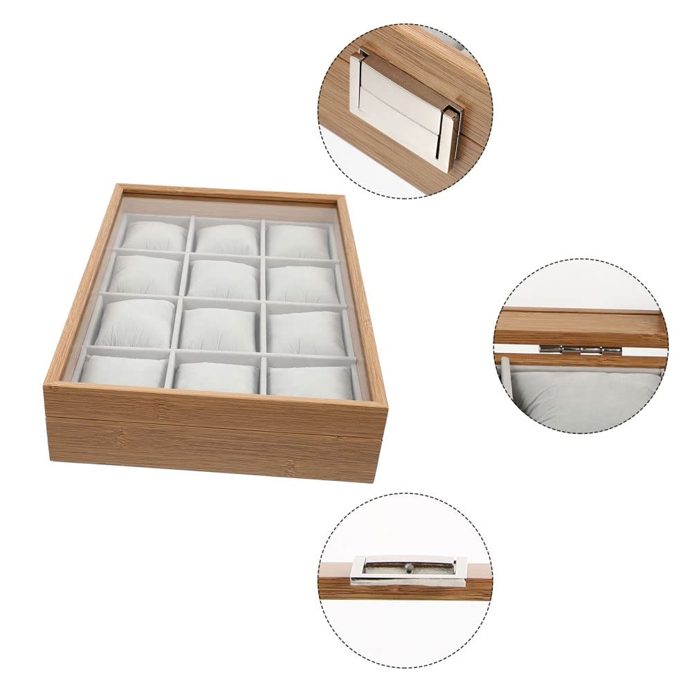 XBTGS Caja de almacenamiento de joyas con 12 ranuras, caja de madera, bandeja de exhibición con almohada,