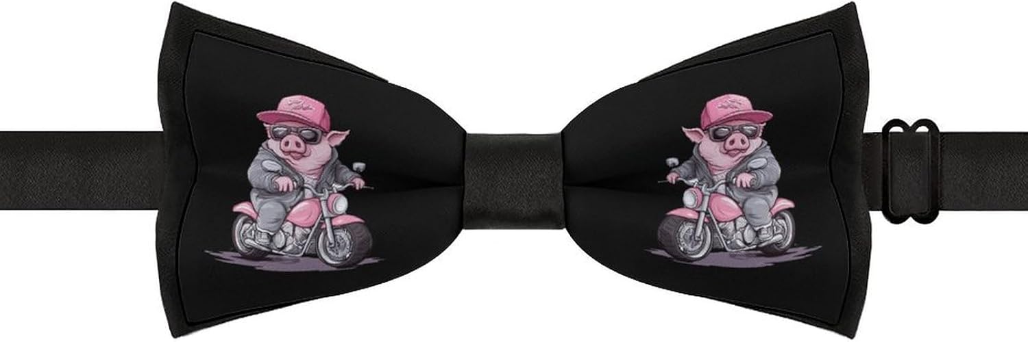 Funny Animal Pigs on Moped Bow Ties for Men Fun Printed Pre Tied Adjustable Bowtie for Party Wedding