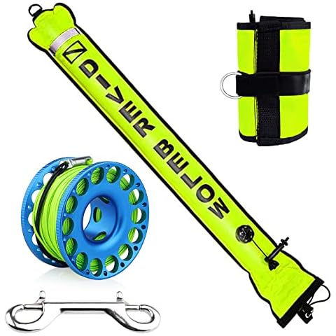 Seafard 5ft Yellow Scuba Diving Open Bottom Surface Marker Buoy (SMB) with 98ft Finger Spool Alloy Dive Reel and Double Ended Bolt Clip Blue Cover