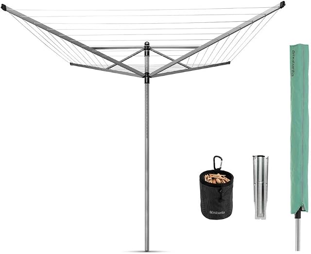 Brabantia - Lift-O-Matic - 50 Metres of Clothes Line - Adjustable in Height - UV-Resistant & Non-Slip Lining - Umbrella System - with Ground Spike 45 mm, Cover & Peg Bag - Metallic Grey - ø 295 cm