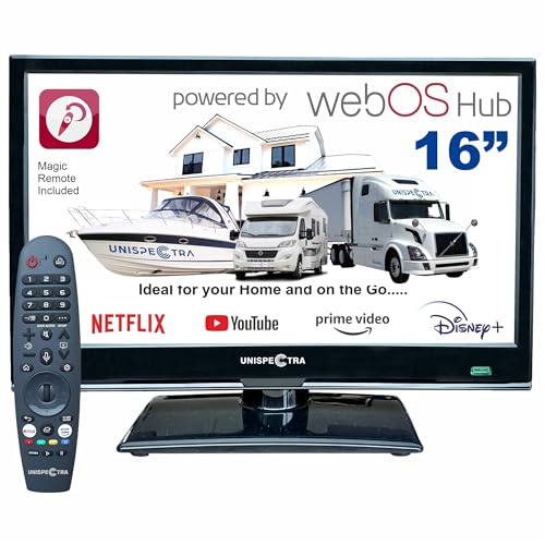 Migliori televisori per camion Unispectra ® 16' Smart TV (webOS) 12V Full HD LED 230v 24v Triplo sintonizzatore: satellitare, terrestre, cable. HDMI USB Telecomando magico TV 12V per camper, caravan, furgone, barca