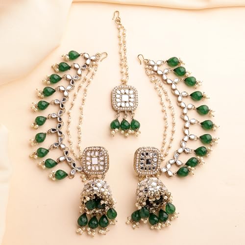 Image of ZENEME Traditional Gold Plated Kundan And Pearl Beaded Baahubali Jhumkas With Multi Layered Ear Chain Earrings for Women & Girls