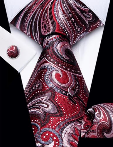 Image of YourTies Silk Paisley Floral Tie and Pocket Square Cufflinks with Lapel Pin Sets for Men 5PC Wedding Party