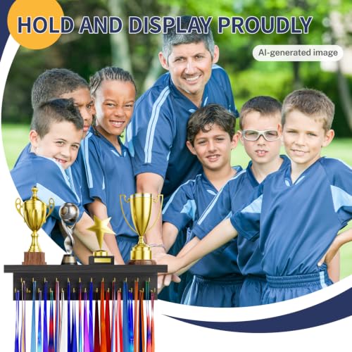 Image of Medal Holder Display Trophy Shelf Organizer, Sturdy Wooden Race Award Hanger Rack with 25 Steel Hooks, Wall Mount Storage Stand for Sports Fans, Cheer Success