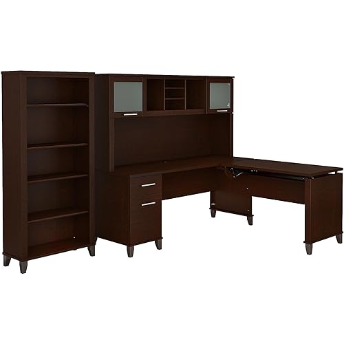 Bush Furniture Somerset 72W 3 Position Sit to Stand L Shaped Desk with Hutch and Bookcase in Mocha Cherry