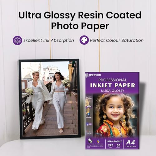 Image of Growlam Ultra Glossy Photo Paper 275 GSM A4 Size, 50 Sheets (Pack of 4) | Resin Coated Surface, Waterproof Technology, Tropical Climate Durability, Realistic Color Reproduction, Stunning Visual Depth
