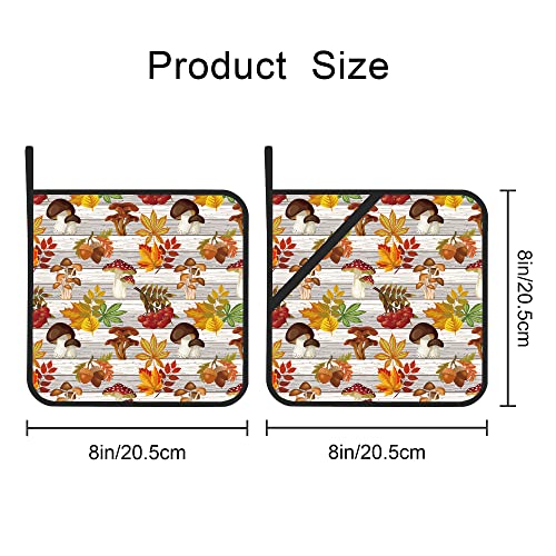 Mushrooms And Leaves On A Wooden Pot Holders Set Of 2 Kitchen Heat Resistant Potholder For Microwave Cooking Baking Oven End Dishes And Bbq #TOP1