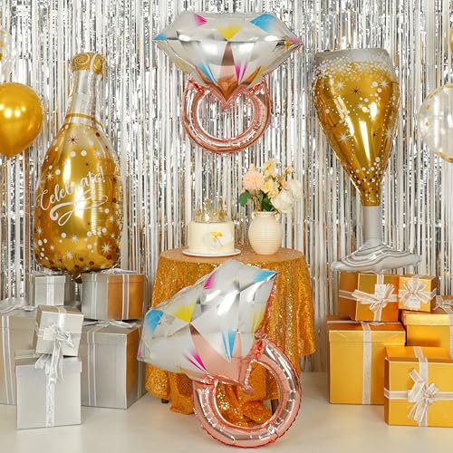 Image of Rose Gold Glitter Ring Bachelorette Party Balloons, Gold Champagne Bottle Balloons Diamond Ring Foil Balloon for Bachelorette Engagement Wedding Bridal Shower Celebration Anniversary Party Supplies