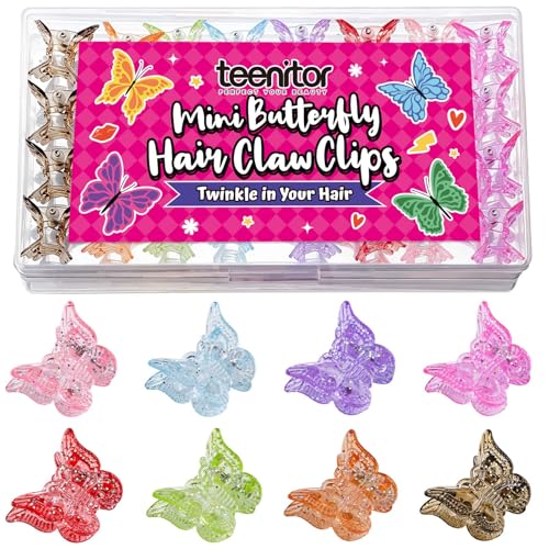 Teenitor Mini Butterfly Hair Claw Clips Glitter Claw Clip Small Hair Clips 32PCS Sparkly Colorful Butterfly Clips with Box Cute Hair Accessories for Girls Toddler Women