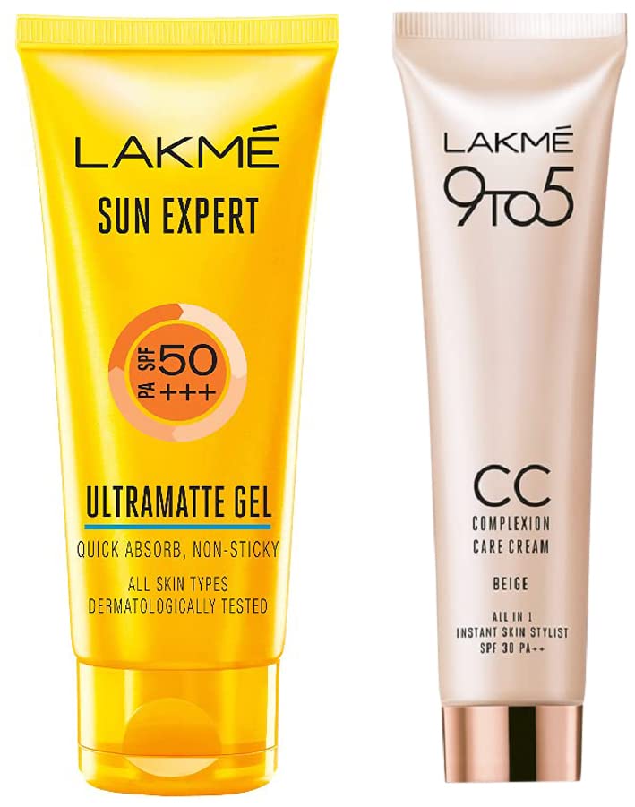 Image of LAKME Sun Expert SPF 50 Gel, 50g & 9 To 5 Complexion Care Face CC Cream, Beige, SPF 30, Conceals Dark Spots & Blemishes, 30g For Combination Skin