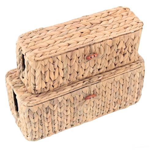 Set 2 Wicker Cable Management Box with Lid 2 Open Slots -Large Cord Box Hider-15 inch Desk Cable Management Basket-Handwoven Cable Organizer Box-Decorative Box to Hide Cords and Power Strip