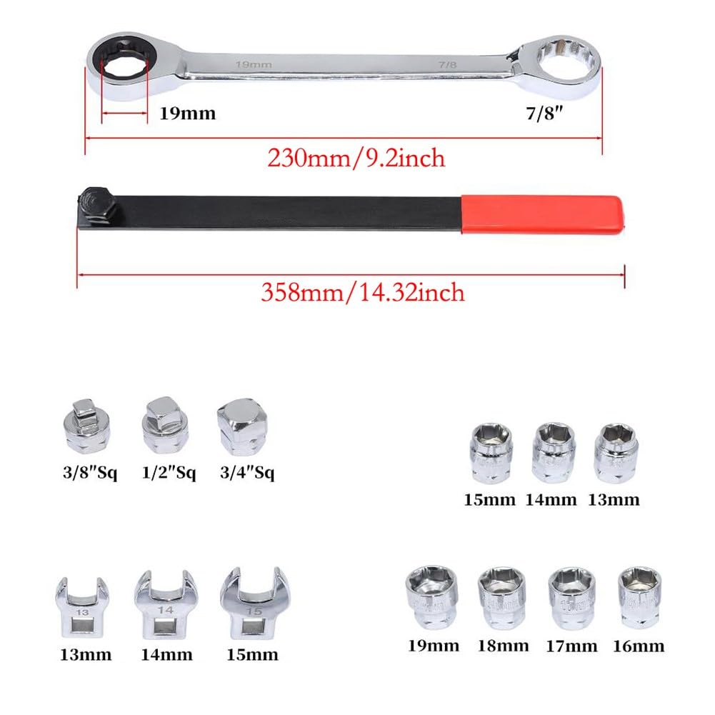 15 szt. Zestaw narzędzi do demontażu paska z grzechotką z drążkiem przedłużającym 35 cm i 8 gniazdami do napędu 1 cm, 1,3 cm, 1,9 cm