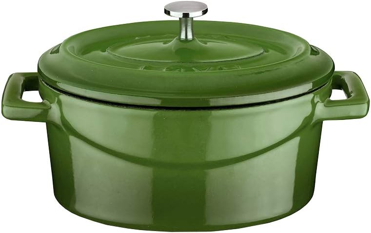 Enameled Cast Iron Mini Oval Cookware Casserole Dish with Lid & Handles - 14.25 oz - Green - Pre-Seasoned – Oven Safe Up to 700°F – Enameled Exterior, Cast Iron Interior – Dishwasher Safe - 980748
