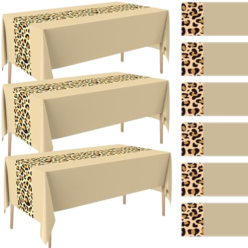 Image of Buryeah Leopard Print Tablecloth 54 x 108'' Leopard Plastic Table Cover Disposable Safari Animal Cheetah Print Party Decorations for Baby Shower Wedding Birthday Party Favors (Khaki,3 Pcs)