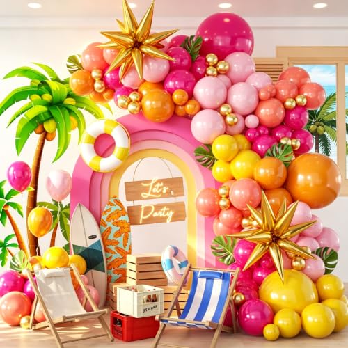 Image of 152Pcs Tropical Balloon Arch Garland Kit, Sunset Hot Pink Orange Coral Red Yellow Metallic Gold with Foil Star Balloons for Hawaiian Luau Birthday Graduation Party Decorations