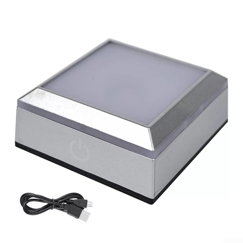 ZWEquipint LED Light Base for 3D Glass Art Display - Square Colorful Lighting Stand with 6 Modes, Touch Switch, USB or for battery Powered, Silver(square)