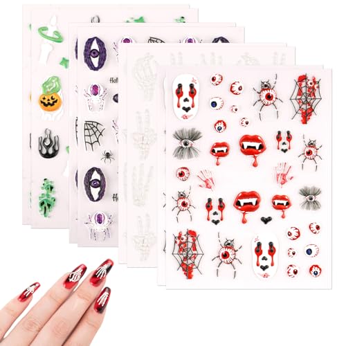 8uds Pegatinas para Uñas Halloween, Autoadhesivas Pegatinas para Uñas Niñas con Ojos de Esqueleto de Calabaza Fantasma Araña Pegatinas de Diseño de Uñas para Fiesta de Halloween
