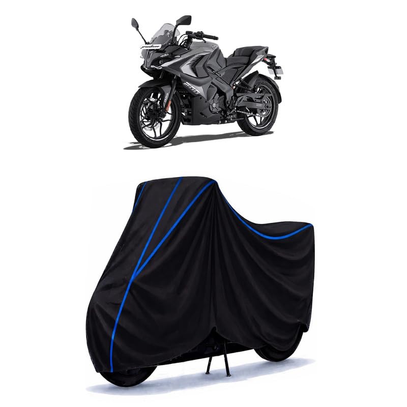 Image of Bajaj Pulsar RS 200 BS6 Bike Cover Water Resistant Universal Motorcycle Rain | Heavy Duty UV Protection, Dust, Scratch Indoor Outdoor All Weather with Black Blue Piping Elastic