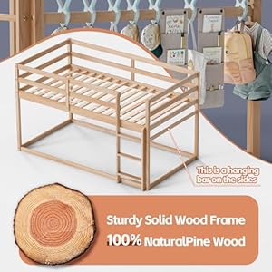 Low bunk bed twin over twin floor bunk bed with ladder twin bunk bed with full guardrails wooden bunk bed for juniors boys girls kids bedrooms natural  urban country home decor