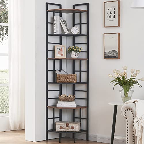 Homissue 6 Tier Industrial Corner Shelf Unit, 76.9” Tall Corner Bookcase Storage Display Organizer Storage Stand For Home Office #TOP3