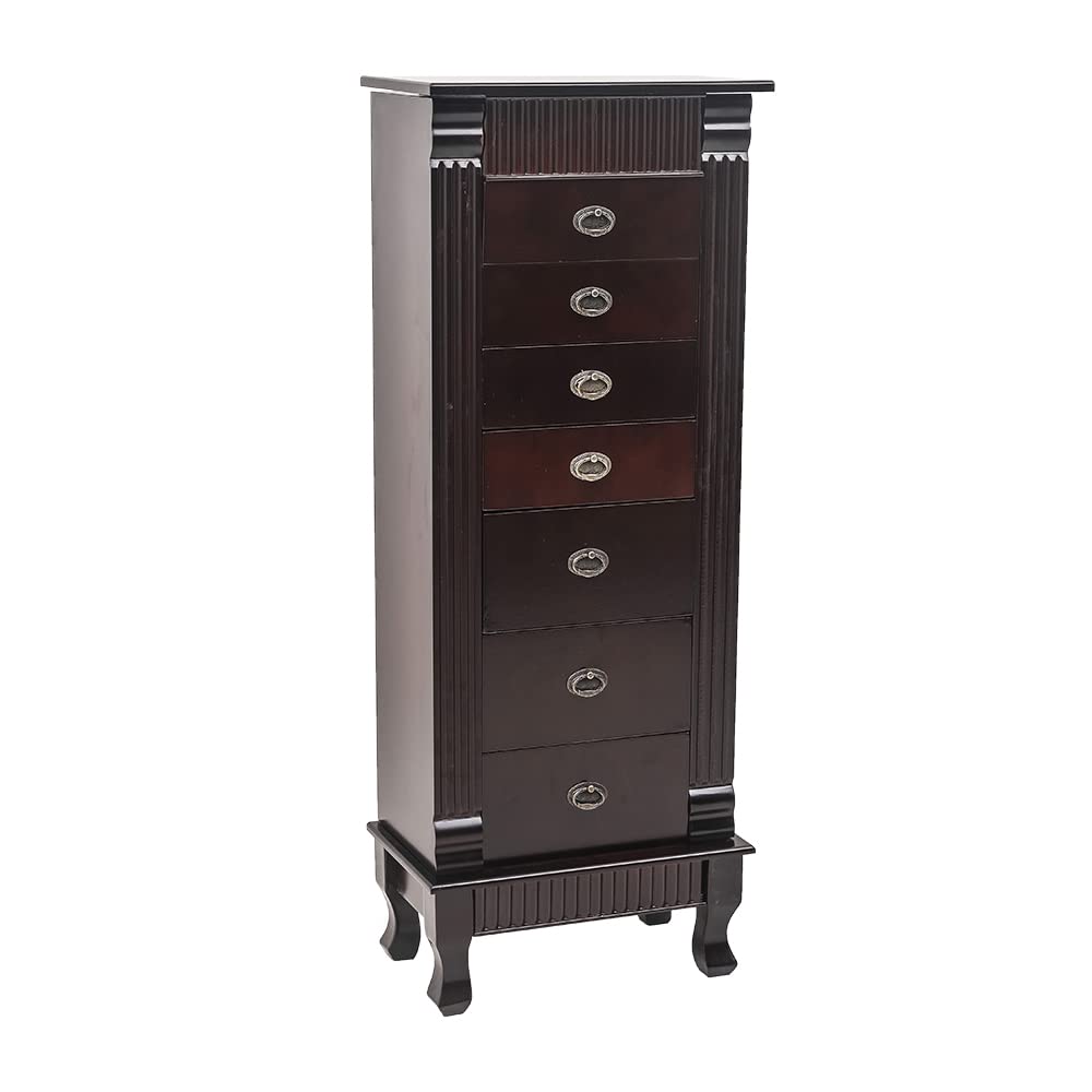 WEI WEI GLOBAL Jewelry Armoire Cabinet with Flip Top Mirror and Compartments - Large Standing Jewelry Chest - Wooden Jewelry Storage Organizer - Dark Brown