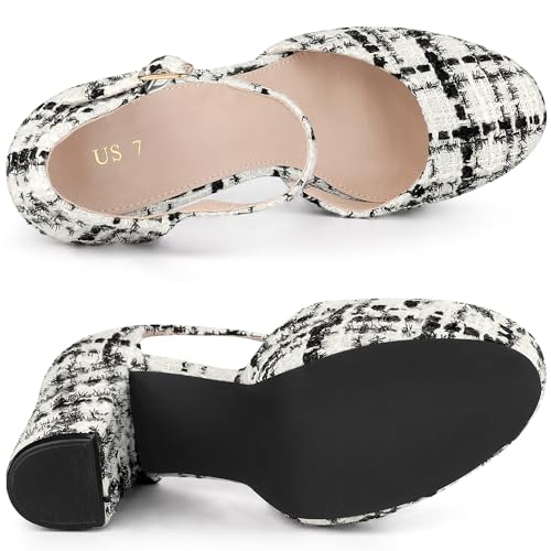 Allegra K Women's Round Toe Platform Tweed Black White Chunky Heels Pumps 9 M US