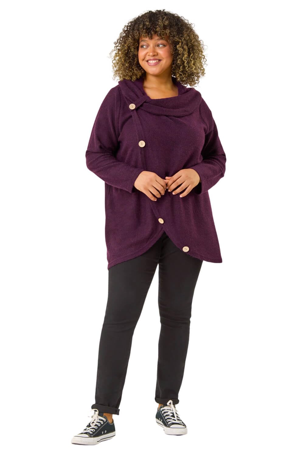 Roman Women's Curve Cowl Neck Button Wrap Top in Purple | Size: 18