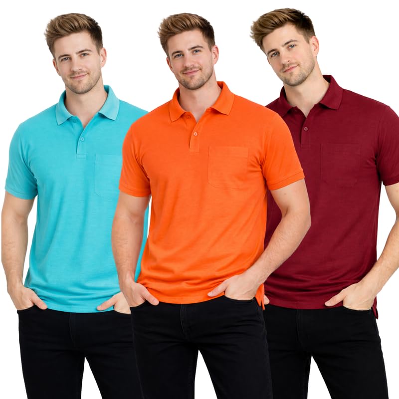 Polo Neck T-Shirt Pack of 3 for Men & Boys | Half Sleeve Collar Tee with Pocket | Premium Spun Matty Fabric | Casual & Office Wear | Sizes M to 2XL | FX_PO3_MCR_ORN_MRN-image-45