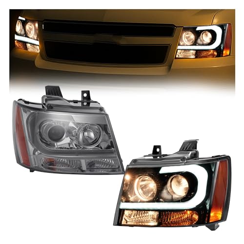 HECASA Pair Projector Headlights w/LED Tube Compatible with 2007-2014 Chevy Chevrolet Suburban Tahoe Avalanche Replacement for GM2502263 GM2503263 LED DRL LH&RH - Smoke Lens Chrome Housing