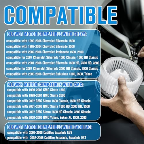 Image of AC Blower Motor Compatible with 1999-2007 Chevy Avalanche Silverado Suburban Tahoe GMC Sierra 1500 2500 3500 HD Yukon Cadillac Escalade EXT ESV Replaces 15-81647, 89019321, 35143, 1581647