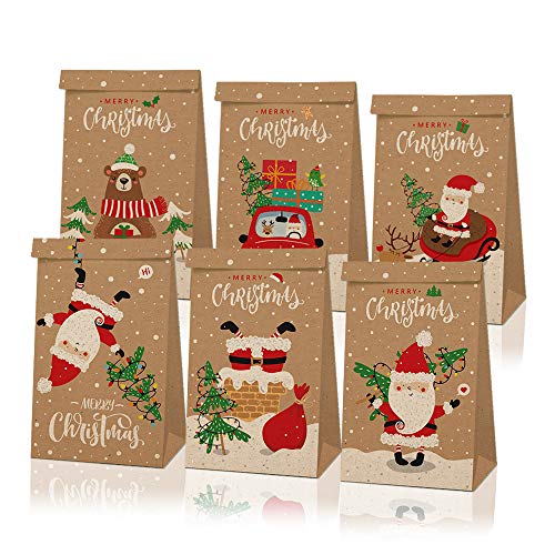 Notwoe® 24 Stück Geschenktüten Weihnachten,Personalisierte weihnachtstüten,Geschenktüten mit Weihnachtspinguin,Papiertüten Weihnachten für Geburtstagssüßigkeiten,Partys,Märkte. (Brown-B24)