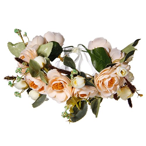 Meiliy Flower Headband Natural Berries Reeds Flower Garland Crown Hair Wreath with Adjustable Ribbon for Wedding Festivals, Champagne