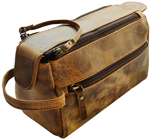 Image of Leather Toiletry Bag for Men & Women - Multifunctional Travel Organizer, Shaving Kit, Makeup Kit, Cosmetic Pouch - Travel Toiletries Gifts for Men