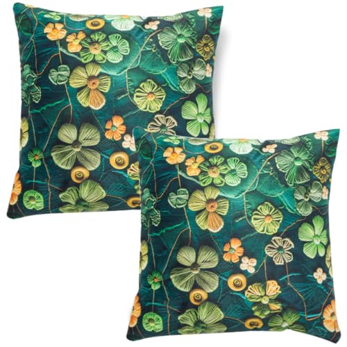 Image of HOKIPO 'Nature Muse 7D' Premium HD Printed Holland Velvet Cushion Cover for Sofa| 22x22 Inch (55x55 cm) | Pack of 2, Emerald Garden (IN-924-D4*2)