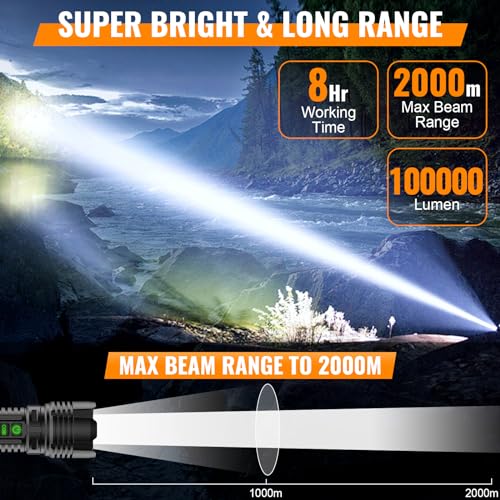 LED Rechargeable Flashlight 100000 High Lumens with Camping Lanterns - 2000 Meters Long Beam Super Bright LED Flashlight, Waterproof Camping Tent Lights 5 Modes, Zoomable Camping Flashlight Lantern - Thumbnail 3