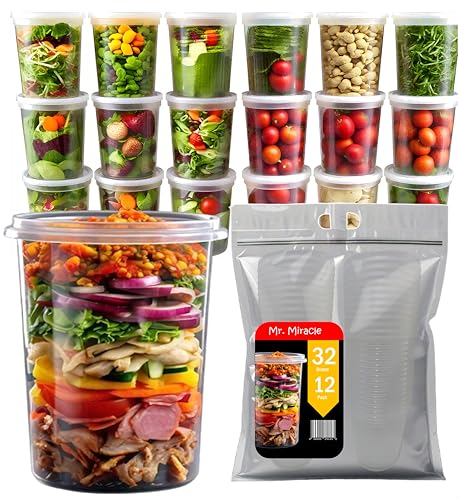 Image of Mr Miracle Deli Containers with Lids - 12 Pack of 32 oz Clear Airtight Reusable Plastic Food and Multi-Purpose Containers - Microwave, Freezer, and Dishwasher Safe