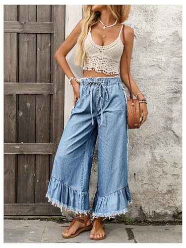 Verdusa Women's Ruffle Fringe Cropped Jeans Streetwear Wide Leg Baggy Denim Pants4