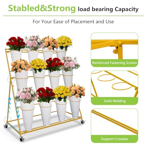 Présentoir à fleurs robuste avec chariot à 3 niveaux et structure métallique noire