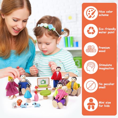 HOTUT Puppenhaus Möbel Set aus Holz, 20 Stück Puppenhaus Möbel mit 8 Puppenfamilien, Mini Puppenhaus Möbel puppenhaus zubehör, Rollenspiel Spielzeug für Kinder Spiel Geschenk