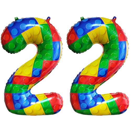 Image of 32 Inch Building Block Number 22 Balloons birthday Block Themed Large Big Helium Foil Mylar Balloon for Girls Boys Birthday Party Decoration Supplies