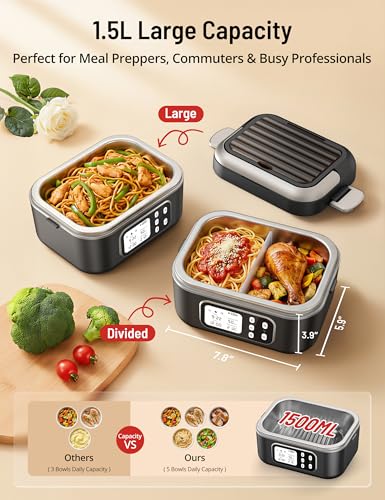 Image of PARIS RHONE Cordless Electric Lunch Box for Adult,1.5L & 27000mAh Heated Lunch Box Battery Powered with Automatic Heating, 6.3 Cups Portable Food Warmer with Removable Divider for Truck Office Travel