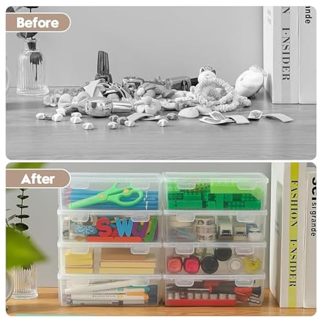 Clear Plastic Pencil Case Pouch Box 8 Pack, Stackable Storage Organizer with Snap Lid for Pens, Markers, Beads, Jewelry, Stickers, Art Supplies, School Office Hobby Use, Rectangular Large