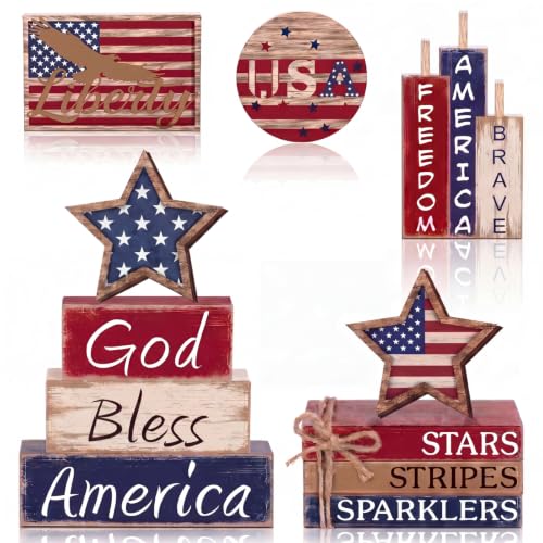 Vercraft 11 Pcs 4th of July Table Decorations Set Patriotic Tiered Tray Decor Set Blue Red White Table Centerpieces Sign for 4th of July Office Home Shelf 250th Anniversary