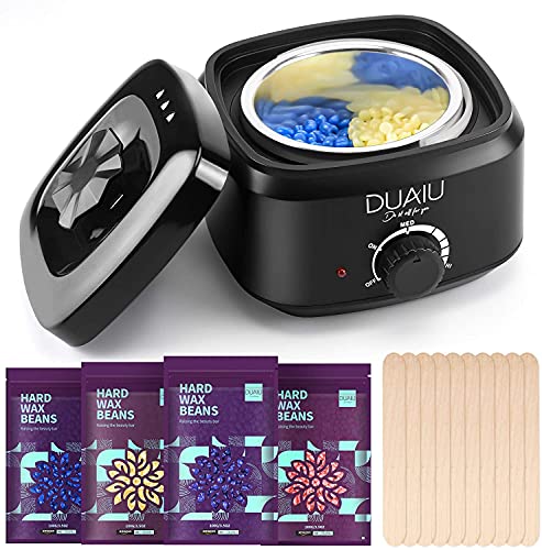 Waxing Kit DUAIU Wax Warmer Kit Includes Black Wax Machine Wax Pot 4 Packs Hard Wax Bean 10pcs Wooden Waxing Spatulas Professional Wax Heater Kit Body Hair Removal Waxing Kit for Men & Women