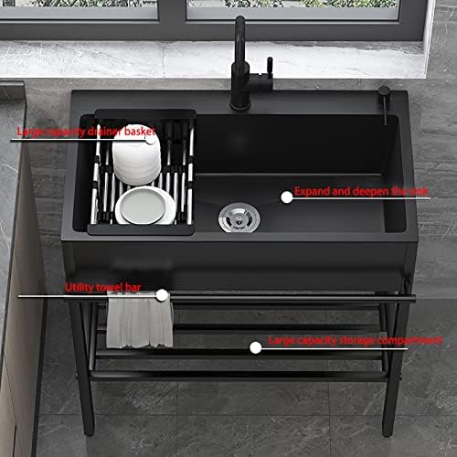 Workstation Sink, Black Kitchen Sink,304 Stainless Steel Sink with Drain Strainer and Accessories,Pressurized Cup Washer,Workstation Kitchen Sink with Pull-Out Faucet (Size : 80x45x86cm, Color : Hot