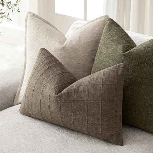 Image of Foindtower Set of 1 Decorative Linen Check Throw Pillow Cover Neutral Farmhouse Lumbar Cushion Cover Modern Boho Home Decor for Sofa Chair Couch Bedroom Living Room,12x20 Inch,Light Brown