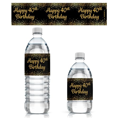 Black and Gold 40th Birthday Party Water Bottle Labels - 20 Stickers
